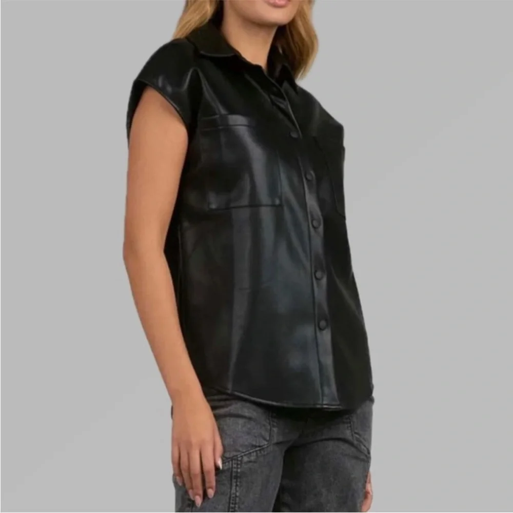 NWT Elan Black Faux Leather Florence Sleeveless Button Down Collared Top S - Picture 4 of 8
